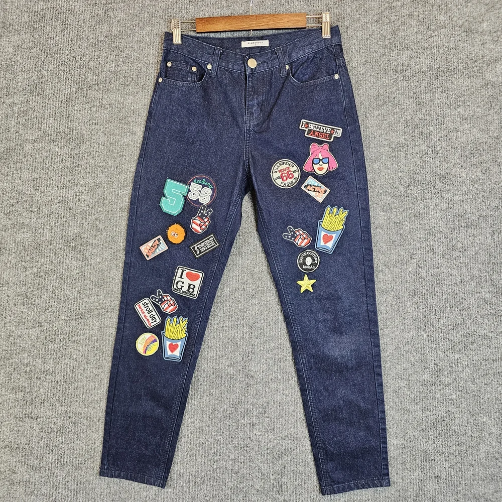 Glamorous Dark Blue Straight Leg Jeans with Colorful Patches - Picture 1 of 7